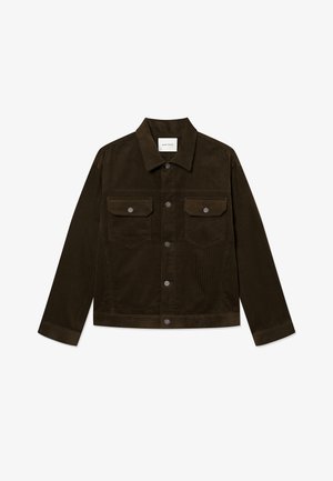 Corduroy jacket in dark green with a collared neck, two chest pockets, silver snap button closures, and ribbed texture.