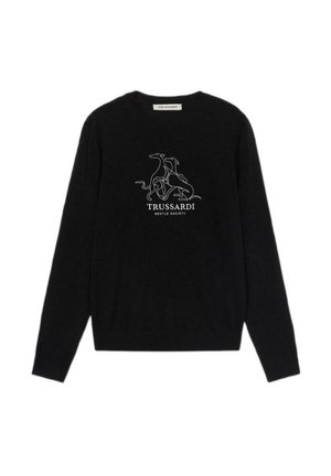 Maglione nero realizzato in morbido tessuto, con una grafica bianca che presenta dei cani e il testo "TRUSSARDI GENTLE SOCIETY" sotto il design.