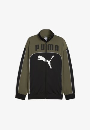 PUMA zip-up jacket with black and olive green panels, featuring a white logo and piping details. Smooth fabric with a stand collar.
