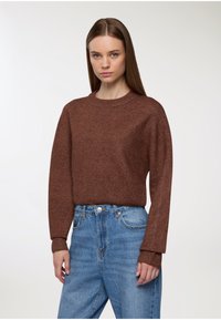 Giovane donna con capelli castani lisci, indossa un maglione color ruggine e jeans a vita alta blu, in piedi contro uno sfondo bianco semplice.