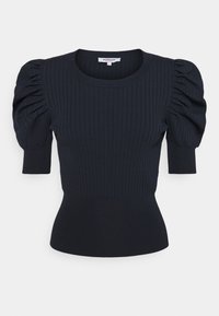 Marineblauw geribbeld truitje met puffed korte mouwen, ronde halslijn en aansluitende taille voor een gestructureerde silhouette. Zachte textuur en moderne pasvorm.