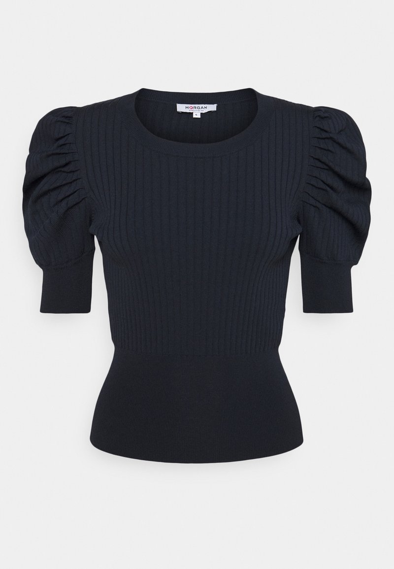 Marineblauw geribbeld truitje met puffed korte mouwen, ronde halslijn en aansluitende taille voor een gestructureerde silhouette. Zachte textuur en moderne pasvorm.