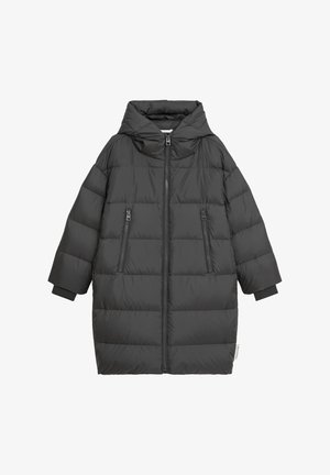 Schwarze Funktionsjacke mit Kapuze, ausgestattet mit einem gesteppten Design, zwei vorderen Reißverschlusstaschen und gerippten Manschetten. Gerader Saum, leichtes Material.