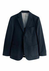 Marineblauer Wollblazer mit Reverskragen, einer einzelnen Knopfverschluss und zwei großen Fronttaschen. Glattes Innenfutter und minimalistische Details.
