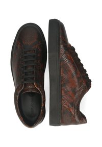 Brązowe sneakersy z teksturą skóry węża, czarne sznurowadła, gumowa podeszwa i zaokrąglony nosek. Charakteryzują się wyraźnym wzorem i gładką powierzchnią.