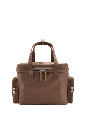 Brązowa izolowana torba chłodząca z podwójnymi uchwytami od góry, podwójnym zamkiem błyskawicznym na górze oraz zapinanymi kieszeniami z boku po obu końcach.