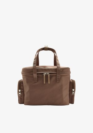 Brązowa izolowana torba chłodząca z podwójnymi uchwytami od góry, podwójnym zamkiem błyskawicznym na górze oraz zapinanymi kieszeniami z boku po obu końcach.