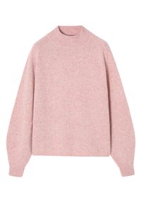 Jasnoróżowy sweter dziany z wysokim kołnierzem, opuszczonymi ramionami i ściągaczami. Miękka tekstura z delikatnym melanżowym wzorem.