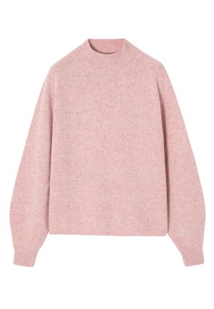 Světle růžový pletený svetr s vysokým límcem, kleslými rameny a žebrovanými manžetami. Měkká struktura s jemným melírovaným vzorem.