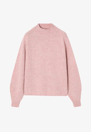 Světle růžový pletený svetr s vysokým límcem, kleslými rameny a žebrovanými manžetami. Měkká struktura s jemným melírovaným vzorem.