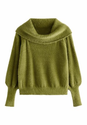 Pull en olive surdimensionné avec un col drapé, fabriqué en matière douce et floue. Présente des manches ballons et des poignets côtelés.