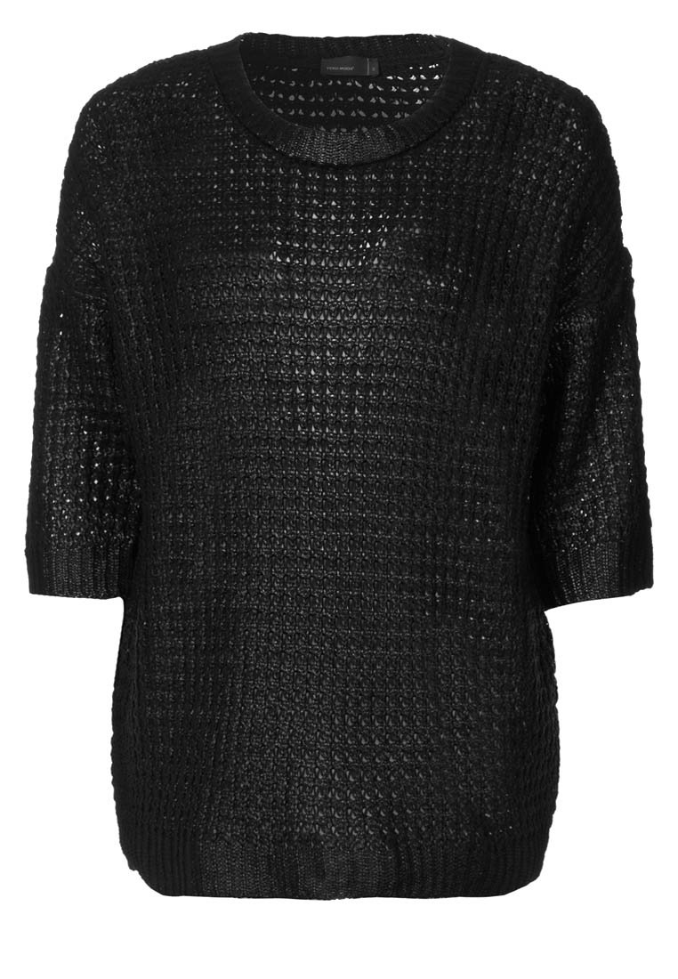 Pull en laine noir avec une coupe décontractée, manches courtes larges, et un motif texturé. Encolure ronde et silhouette détendue.