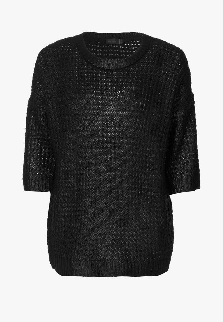 Pull en laine noir avec une coupe décontractée, manches courtes larges, et un motif texturé. Encolure ronde et silhouette détendue.
