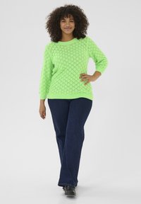 Neon groene gebreide trui met een ruitpatroon, geribde manchetten en zoom, gecombineerd met donkerblauwe rechttoe rechtaan jeans en zwarte enkellaarsjes.