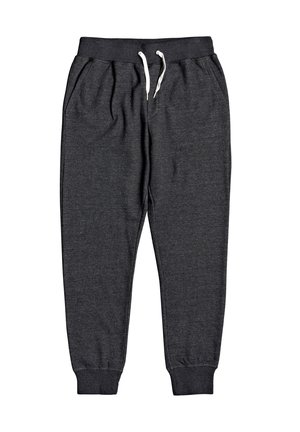 Mørkegrå joggingbukser med elastisk taljebånd, hvid snor, sidelommer og elastiske manchetter ved anklerne.