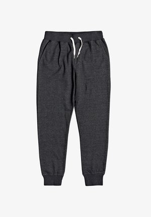 Pantalon de survêtement gris foncé avec taille élastique, cordon blanc, poches latérales et poignets élastiques aux chevilles.