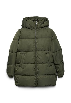 Olivgrüne gepolsterte Winterjacke mit langen Ärmeln, integrierter Kapuze, Vorderreißverschluss und zwei schrägen Vordertaschen.