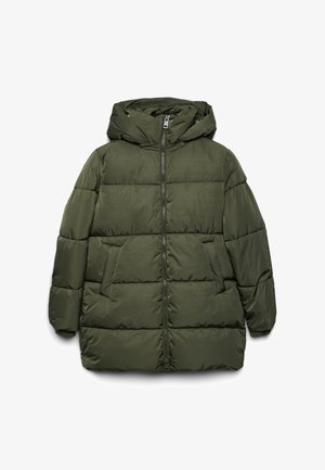 Olivgrüne gepolsterte Winterjacke mit langen Ärmeln, integrierter Kapuze, Vorderreißverschluss und zwei schrägen Vordertaschen.