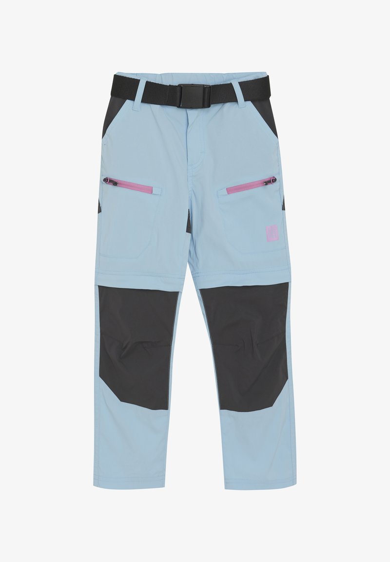 Light blue pants with black accents, featuring a belt, two zippered pockets, a smooth texture, and reinforced knee areas.