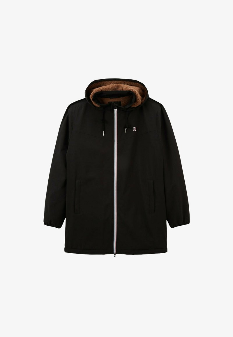 Veste à capuche noire avec une doublure en polaire marron douce, fermeture éclaire intégrale, deux poches latérales et cordons ajustables sur la capuche.