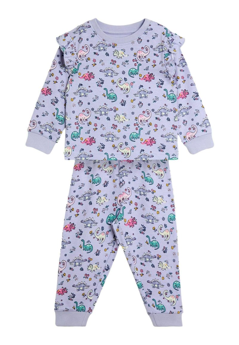 Conjunto de pijama morado para niñ@s con mangas largas, hombros con volantes y estampado de dinosaurios de dibujos animados y flores en varios colores por toda la prenda.