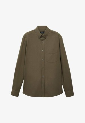 Olive green long-sleeve button-up shirt in smooth fabric, featuring a standard collar, a chest pocket, and six buttons down the front.