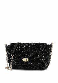 Borsa nera in paillettes con tracolla a catena e dettaglio in pelle. Caratterizzata da una chiusura in metallo dorato e una superficie testurizzata. Forma rettangolare.