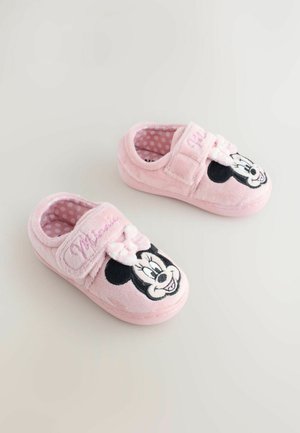 Pink plush slippers featuring a Minnie Mouse design, with polka dot lining and a hook-and-loop strap for easy wear.