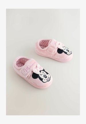 Rožinės pliušinės šlepetės su Minnie Mouse dizainu, su taškuotu pamušalu ir lipnia juostele patogiam užsidėjimui.