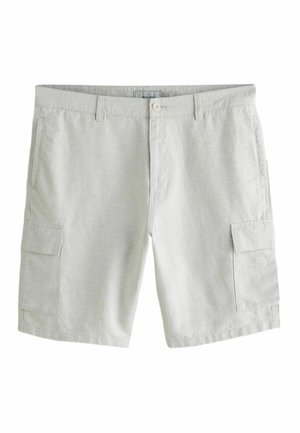 Lysegrå casual shorts med bæltestropper, foran knap- og lynlåslukning, sidelommer og cargolommer på hvert ben.