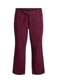Burgundy plačiai stovintys kelnių pagaminti iš minkštos medvilnės. Pasižymi priekyje esančia juostele ir dirželių kilpomis, turi dvi priekinės kišenes ir vientisą tekstūrą.