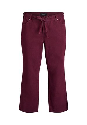Burgundy široké nohavice vyrobené z jemného bavlneného materiálu. Majú predné šnurovanie a pútka na opasok, dve predné vrecká a hladkú textúru.