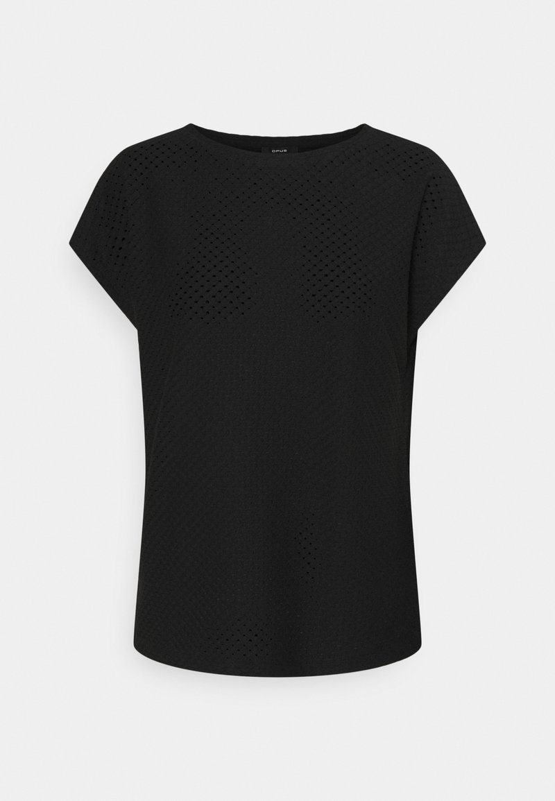Blouse noire à manches courtes avec un motif perforé subtil, encolure ronde et coupe décontractée sur fond uni.