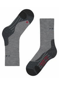 Calcetines grises con la puntera y el talón negros, que presentan un diseño texturizado y acentos rojos. Detalles del tamaño impresos en el costado, indicando el estilo y el ajuste.