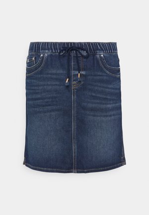 Dunkelblauer Jeansrock mit elastischem Bund und Kordelzug. Verfügt über fünf Taschen und dezentes Ausbleichen im Stoff.