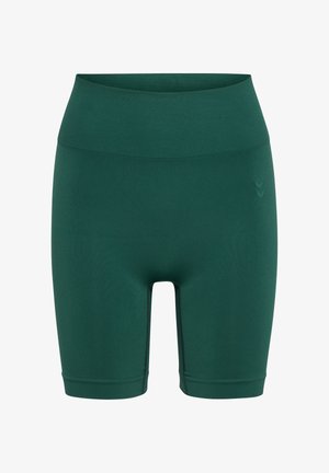 Dunkelgrüne, nahtlose Radlerhose mit hohem Bund, breitem, geripptem Taillenbund und dezentem Logo am linken Oberschenkel.