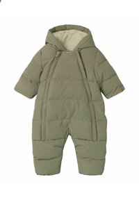 Padded oliwkowy kombinezon zimowy z kapturem, z krótkimi rękawami, zamkiem z przodu i miękką, teksturowaną podszewką.