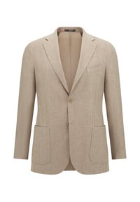 Blazer de color beige claro con tejido texturizado, diseño de un solo botón, solapas con muescas, bolsillos de parche y dos botones.