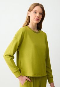 Sweatshirt vert à manches longues et col rond. Tissu lisse avec un col côtelé. Coupe ample et fentes latérales pour plus de confort.