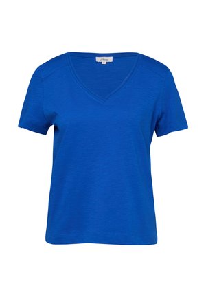 Blauw T-shirt met korte mouwen en V-hals, ontspannen pasvorm en zichtbare stiksels op de schouders en mouwen.