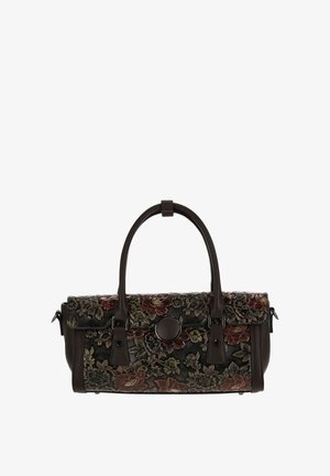 Torebka z tłoczonym kwiatowym motywem, wyposażona w dwa brązowe uchwyty, wykonana z ciemnej tkaniny, z kontrastującym kwiatowym wzorem w kolorach czerwonym i zielonym. Posiada okrągłe zapięcie i akcenty.
