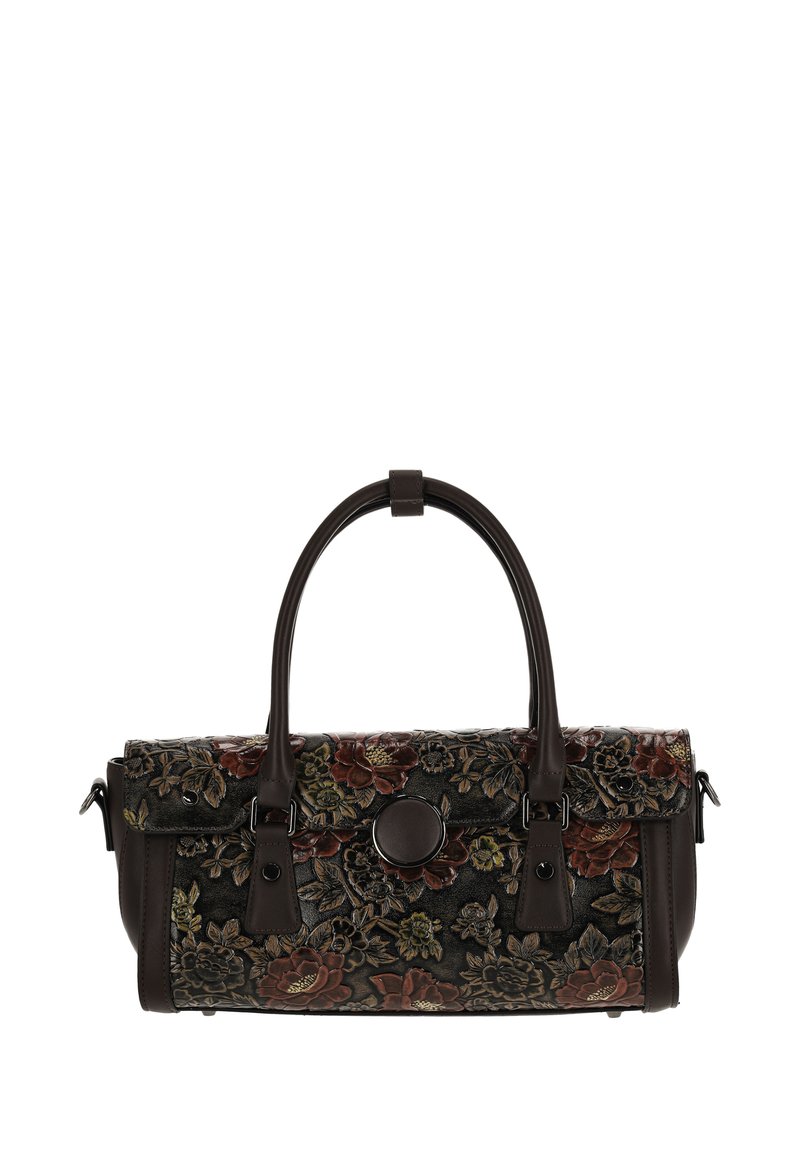 Torebka z tłoczonym kwiatowym motywem, wyposażona w dwa brązowe uchwyty, wykonana z ciemnej tkaniny, z kontrastującym kwiatowym wzorem w kolorach czerwonym i zielonym. Posiada okrągłe zapięcie i akcenty.