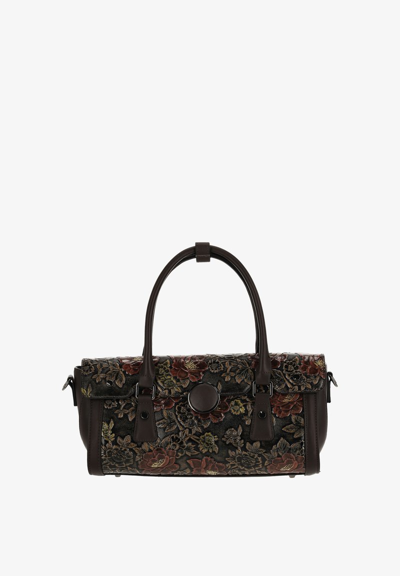 Virágmintás dombornyomott kézitáska két barna fogóval, sötét szövetből, piros és zöld kontrasztos virágmintával. Kerek záródással és díszítésekkel rendelkezik.