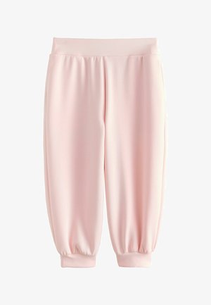 Hellrosa kurze Sweatpants mit elastischem Bund und Bündchen, weiter Schnitt und glatter Stoffstruktur.