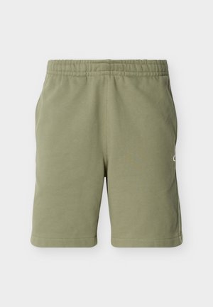 Pantalones cortos casuales de color verde oliva con cintura elástica y bolsillos laterales, hechos de tela suave, mostrados de frente sobre un fondo blanco.