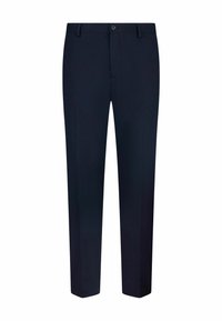 Marineblauwe broek van gladde stof, met een rechte pijp, enkele knoopsluiting en riemlussen. Minimalistisch zonder zichtbare patronen.