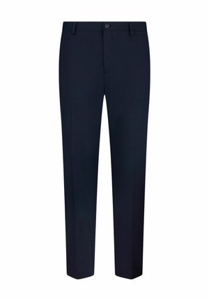 Sinine püksid, mis on valmistatud siledast kangast, sirge jalaga disainiga, üheknoopkinnitusega ja vöökinnitustega. Minimalistlik, ilma nähtavate mustriteta.