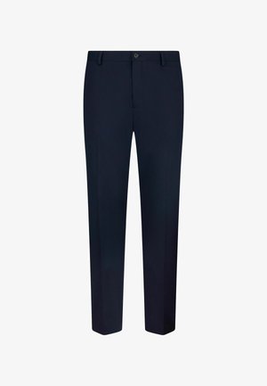 Marineblaues Trousers aus glattem Stoff mit geradem Bein, einem einzelnen Knopfverschluss und Gürtelschlaufen. Minimalistisch ohne sichtbare Muster.