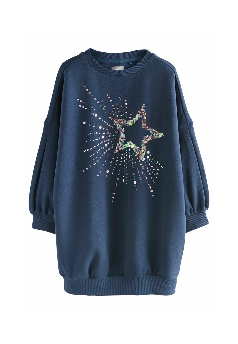 Felpa blu navy con scollo a girocollo e maniche a palloncino, disponibile con una decorazione di stelle in paillettes con accenti radiali e polsini a costine.