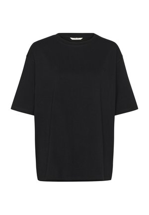 Svart T-shirt i bomull. Har rund halsringning, korta ärmar och en lös passform. Diskret logotyp på bröstet, slät textur.